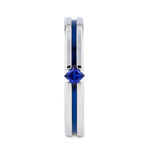 Load image into Gallery viewer, Mens Comfort Fit -Tension Set Blue Sapphire Polished Titanium Band - Blue Strip - 4mm Wide - Style name: NYMERIA