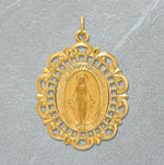 Load image into Gallery viewer, 14k Solid Gold Oval Miraculous Medal with Fancy Lace Filigree Border Frame available in 3 sizes - with Necklace Chain Options