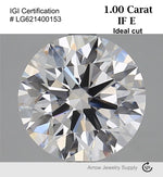 Load image into Gallery viewer, 1 Carat Certified Lab Grown Round Loose Diamond Clarity/Color Flawless IF E Ideal Cut with IGI Certification Lab Report