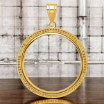 Load image into Gallery viewer, 14K Yellow Gold Coin Bezel Mounting Pendant - Polished and Beaded Prong Coin Bezel Pendant - with Chain Options