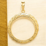 Load image into Gallery viewer, 14K Yellow Gold Coin Bezel Mounting Pendant - 10 Sizes - Polished and Textured Braided Prong Coin Bezel Pendant - with Chain Options