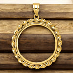 Load image into Gallery viewer, 14K Yellow Gold Coin Bezel Mounting Pendant - 4 Different Sizes - Polished Wide Twisted Wire Prong Coin Bezel Pendant - with Chain Options