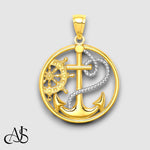 Load image into Gallery viewer, 14K Yellow Gold W/ Rhodium Cross Anchor Captain Wheel Pendant with Chain Necklace options