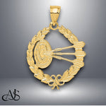 Load image into Gallery viewer, 14K Yellow Gold Dart Board and Darts in Leaf Design Charm with Chain Options