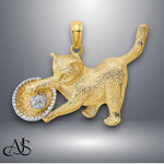 Load image into Gallery viewer, 14K Yellow Gold Rhodium Cat Playing with Yarn in Basket Charm with Necklace Chain Options