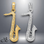 Load image into Gallery viewer, 14K Yellow Gold or White Gold Solid Polished 3-D Saxophone Charm with Necklace Chain Options