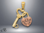 Load image into Gallery viewer, 14K Two-tone Polished Filigree Heart Lock and Diamond-cut Key Charm with Necklace Chain Options