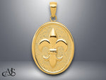 Load image into Gallery viewer, 14K Yellow Gold Fleur-De-Lis on Oval Disk Pendant with Necklace Chain Options