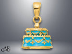 Load image into Gallery viewer, 14K Yellow Gold 3-D Aqua Blue Enameled HAPPY BIRTHDAY Cake Pendant with Necklace Chain Options