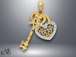 Load image into Gallery viewer, 14K Yellow Gold w/White Rhodium Moveable Filigree Heart Key and Lock Charm with Necklace Chain Options