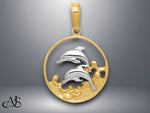 Load image into Gallery viewer, 14K Yellow Gold and Rhodium Double Dolphins In Circle Pendant with Necklace Chain Options