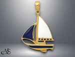 Load image into Gallery viewer, 14K Yellow Gold 2-D Blue and White Enameled Sailboat Pendant with Necklace Chain Options
