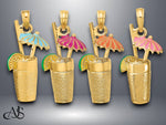 Load image into Gallery viewer, 14K Yellow Gold 3-D Cocktail Drink with Blue or Fuschia or Orange or Pink Enamel Umbrella and Lime Charm with Necklace Chain Options