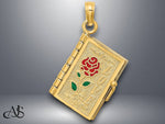 Load image into Gallery viewer, 14K Yellow Gold Enameled 3D Moveable LOVE Flower Book Pendant with Necklace Chain Options