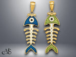 Load image into Gallery viewer, 14K Yellow Gold 3D Blue or Green Enamel Fish Bone Charm with Necklace Chain Options