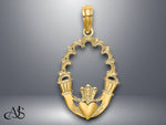 Load image into Gallery viewer, 14K Yellow Gold Engraved Claddagh In Oval w/ Lace Trim Charm with Necklace Chain Options