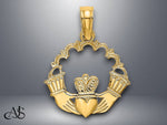 Load image into Gallery viewer, 14K Yellow Gold Engraved Claddagh In Scallop Circle Charm with Necklace Chain Options