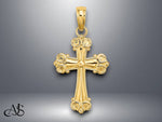 Load image into Gallery viewer, 14K Yellow Gold Cross W/ Scroll Tips and Button Center Charm with Necklace Chain Options