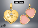 Load image into Gallery viewer, 14K Yellow Gold Diamond PRINCESS with Crown 16mm Heart Locket | Build Your Locket Necklace with Engraving, Photo insertions, and Chain Options