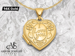 Load image into Gallery viewer, 14K Yellow Gold Floral I LOVE YOU Script 15mm Heart Locket | Build Your Locket Necklace with Engraving, Photo insertions, and Chain Options