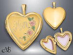 Load image into Gallery viewer, 14K Yellow Gold Pink and Green Enameled Floral MOM Script 20mm Heart Locket | Build Your Locket Necklace with Engraving, Photo insertions, and Chain Options