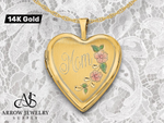 Load image into Gallery viewer, 14K Yellow Gold Pink and Green Enameled Floral MOM Script 20mm Heart Locket | Build Your Locket Necklace with Engraving, Photo insertions, and Chain Options