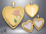 Load image into Gallery viewer, 14K Yellow Gold Pink and Green Enamel Rose 20mm Heart Locket | Build Your Locket Necklace with Engraving, Photo insertions, and Chain Options