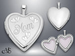 Load image into Gallery viewer, 14K White Gold MOM Script with Hearts 20mm Heart Locket | Build Your Locket Necklace with Engraving, Photo insertions, and Chain Options