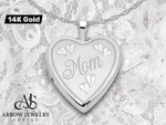 Load image into Gallery viewer, 14K White Gold MOM Script with Hearts 20mm Heart Locket | Build Your Locket Necklace with Engraving, Photo insertions, and Chain Options