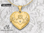 Load image into Gallery viewer, 14K Yellow White Gold Diamond Claddagh with Poem on Reverse 18mm Heart Locket | Build Your Locket Necklace with Engraving, Photo insertions, and Chain Options