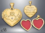 Load image into Gallery viewer, 14K Yellow White Gold Diamond Claddagh with Poem on Reverse 18mm Heart Locket | Build Your Locket Necklace with Engraving, Photo insertions, and Chain Options
