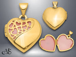 Load image into Gallery viewer, 14K Yellow Gold Hearts Cut Out with Pink Fabric Interior 16mm Heart Locket | Build Your Locket Necklace with Engraving, Photo insertions, and Chain Options