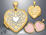 Load image into Gallery viewer, 14K Yellow Gold White Rhodium Celtic Knot Heart of Gold Poem Reverse 18mm Heart Locket | Build Your Locket Necklace with Engraving, Photo insertions, and Chain Options