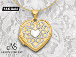 Load image into Gallery viewer, 14K Yellow Gold White Rhodium Celtic Knot Heart of Gold Poem Reverse 18mm Heart Locket | Build Your Locket Necklace with Engraving, Photo insertions, and Chain Options
