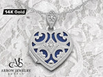 Load image into Gallery viewer, 14K White Gold Diamond Vintage Filigree Blue Fabric Interior 15mm Heart Locket | Build Your Locket Necklace with Engraving, Photo insertions, and Chain Options