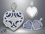 Load image into Gallery viewer, 14K White Gold Diamond Vintage Filigree Blue Fabric Interior 15mm Heart Locket | Build Your Locket Necklace with Engraving, Photo insertions, and Chain Options