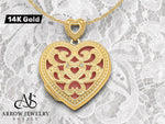 Load image into Gallery viewer, 14K Yellow Gold Diamond Vintage Filigree Pink Fabric Interior 24mm Heart Locket | Build Your Locket Necklace with Engraving, Photo insertions, and Chain Options