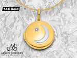 Load image into Gallery viewer, 14K Yellow Gold White Rhodium Diamond Star and Moon 20mm Round Locket | Build Your Locket Necklace with Engraving, Photo insertions, and Chain Options