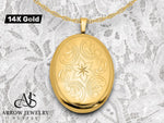 Load image into Gallery viewer, 14K Yellow Gold Polished Floral Scrolled 20mm Oval Locket | Build Your Locket Necklace with Engraving, Photo insertions, and Chain Options