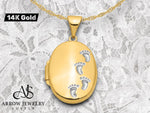 Load image into Gallery viewer, 14K Yellow Gold White Rhodium Footprints Poem on Reverse 17mm Oval Locket | Build Your Locket Necklace with Engraving, Photo insertions, and Chain Options