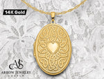 Load image into Gallery viewer, 14K Yellow Gold Celtic Knot Heart with Poem on Reverse 38mm Oval Locket | Build Your Locket Necklace with Engraving, Photo insertions, and Chain Options