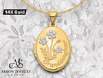 Load image into Gallery viewer, 14K Yellow Gold White Rhodium Floral GRANDDAUGHTER with Poem on Reverse 21mm Oval Locket | Build Your Locket Necklace with Engraving, Photo insertions, and Chain Options