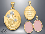 Load image into Gallery viewer, 14K Yellow Gold White Rhodium Floral GRANDDAUGHTER with Poem on Reverse 21mm Oval Locket | Build Your Locket Necklace with Engraving, Photo insertions, and Chain Options