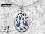 Load image into Gallery viewer, 14K White Gold Diamond Cut-out Tree with Blue Fabric Interior 23mm Oval Locket | Build Your Locket Necklace with Engraving, Photo insertions, and Chain Options