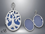 Load image into Gallery viewer, 14K White Gold Diamond Cut-out Tree with Blue Fabric Interior 23mm Oval Locket | Build Your Locket Necklace with Engraving, Photo insertions, and Chain Options