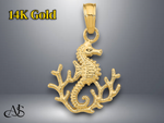 Load image into Gallery viewer, 14K Yellow Gold Textured Mini Seahorse and Coral Charm with Necklace Chain Options