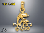 Load image into Gallery viewer, 14K Yellow Gold Textured Mini Double Dolphins and Waves Charm with Necklace Chain Options