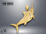 Load image into Gallery viewer, 14K Yellow Gold 3-D Satin Polished Marlin Charm with Necklace Chain Options