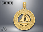 Load image into Gallery viewer, 14K Yellow Gold TURKS AND CAICOS Circle Sailboat Charm with Necklace Chain Options