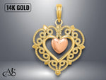 Load image into Gallery viewer, 14K Yellow Rose Gold Heart Lace Trim Charm with Necklace Chain Options